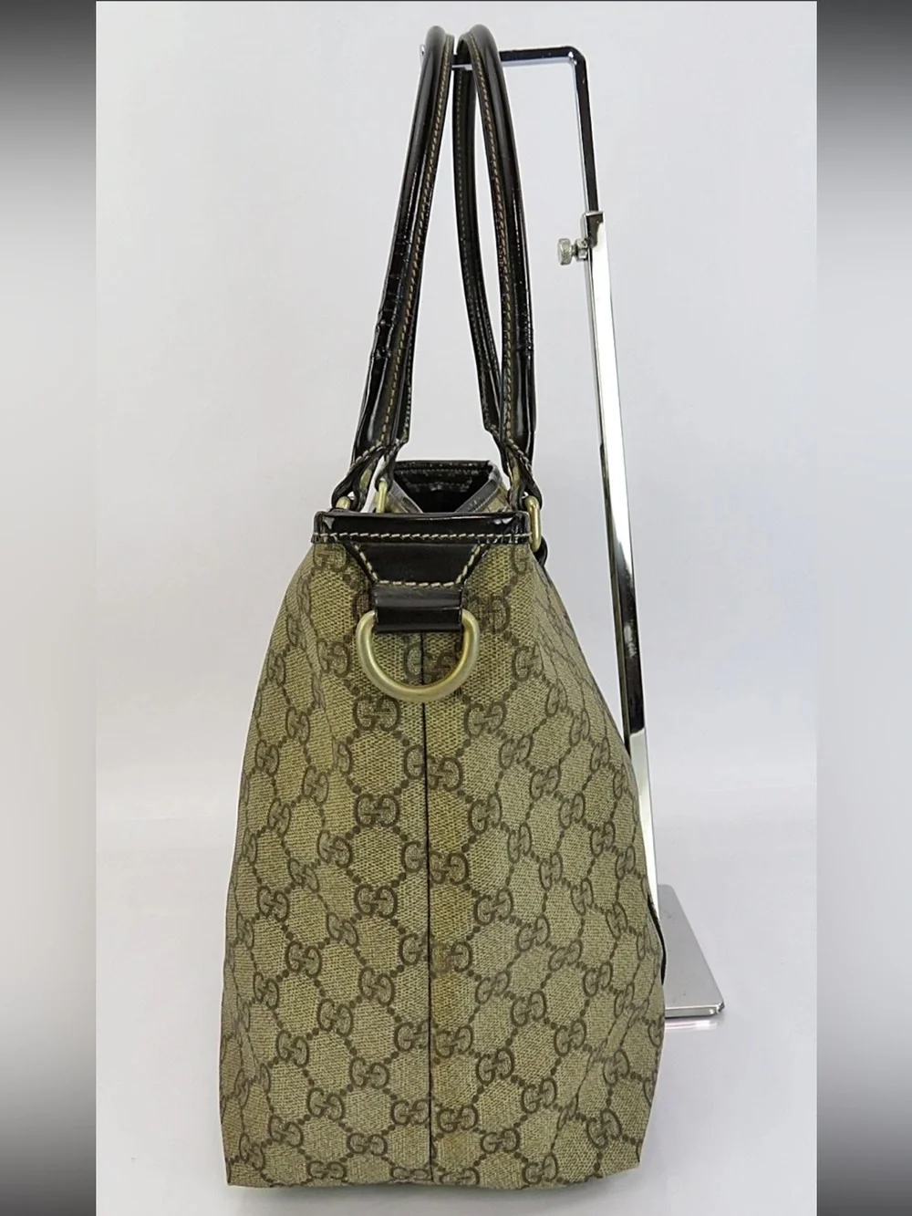 Gucci Beige GG Canvas Tote with Brown Leather Trim